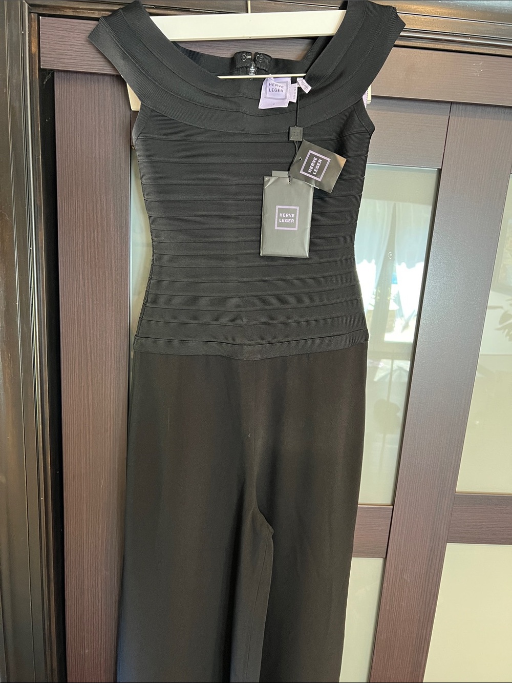 Herve Leger Black Off-Shoulder Bandage Jumpsuit